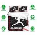 Black and red baseball duvet cover bedding set shown with matching pillowcases and care feature icons