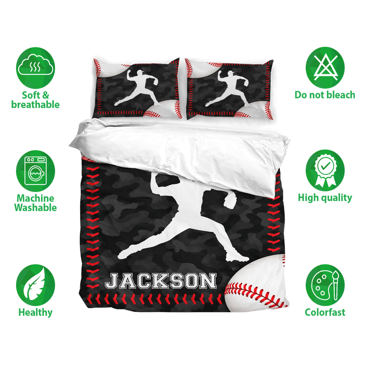 Black and red baseball duvet cover bedding set shown with matching pillowcases and care feature icons
