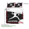 Baseball duvet cover set detail showing printable artwork, soft fabric callout, and matching pillowcases
