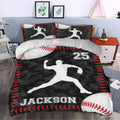 Baseball bedding set styled in a bedroom with bold black camouflage, red stitching, and player silhouette