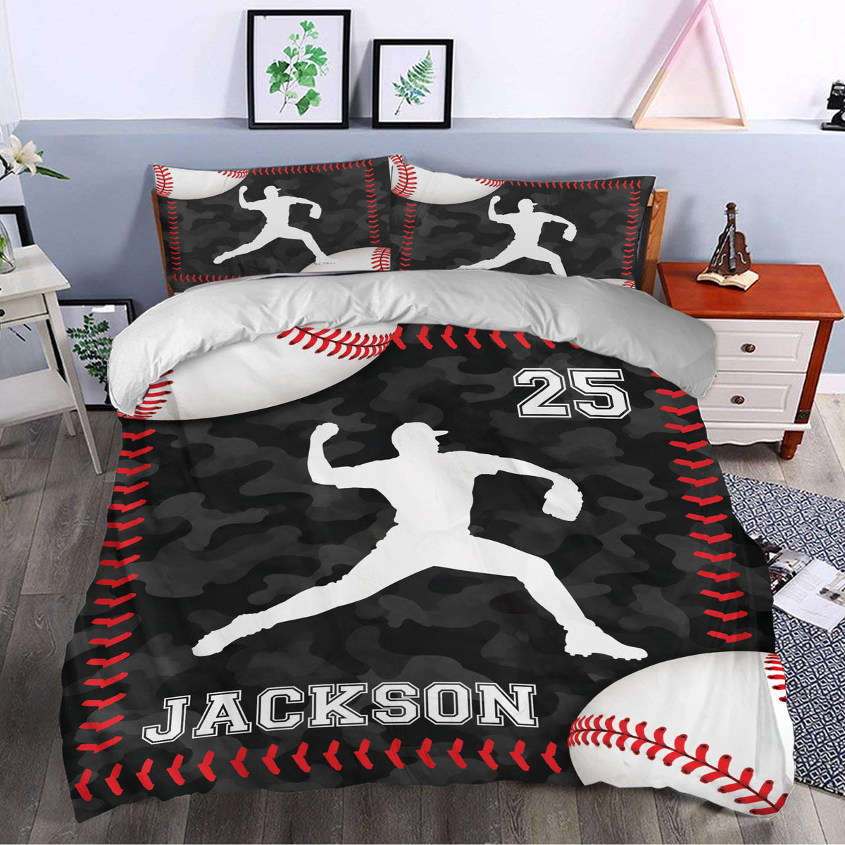 Baseball bedding set styled in a bedroom with bold black camouflage, red stitching, and player silhouette