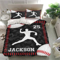 Baseball duvet cover set in a bright bedroom featuring matching pillowcases, red stitching, and athletic artwork