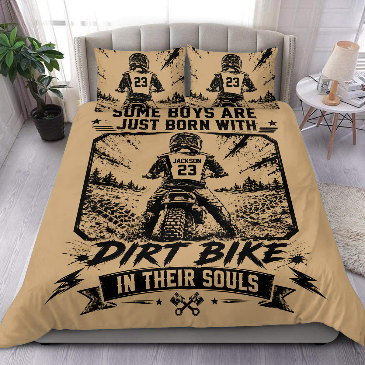 Tan motocross duvet cover set with dirt bike rider artwork and bold black racing graphics in a bedroom