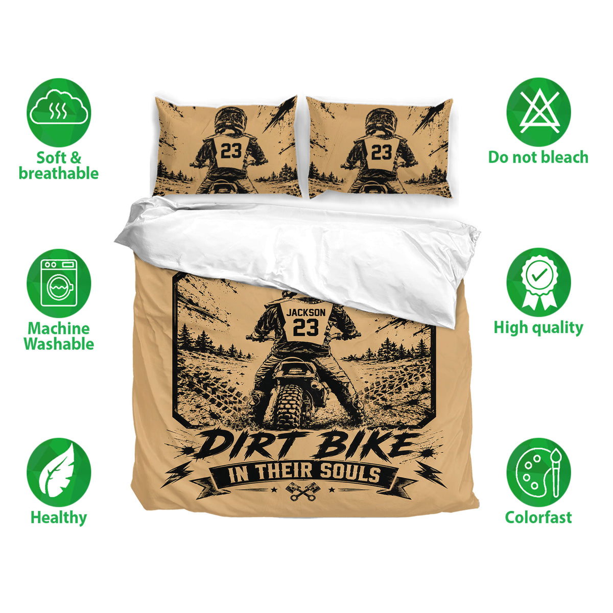 Motocross duvet cover bedding set displayed with rider artwork, breathable fabric icons, and care feature symbols