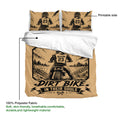 Motocross bedding set showing a dirt bike rider design, printable side, and soft polyester fabric detail