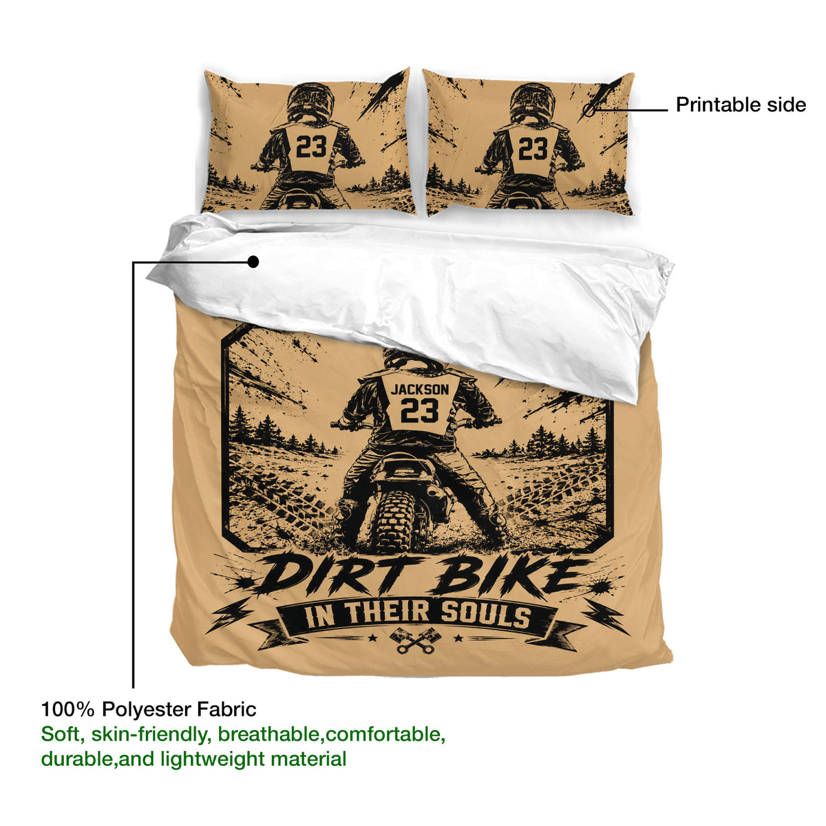Motocross bedding set showing a dirt bike rider design, printable side, and soft polyester fabric detail