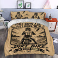 Motocross duvet cover styled in a bedroom with bold dirt bike artwork, tan tones, and black racing graphics