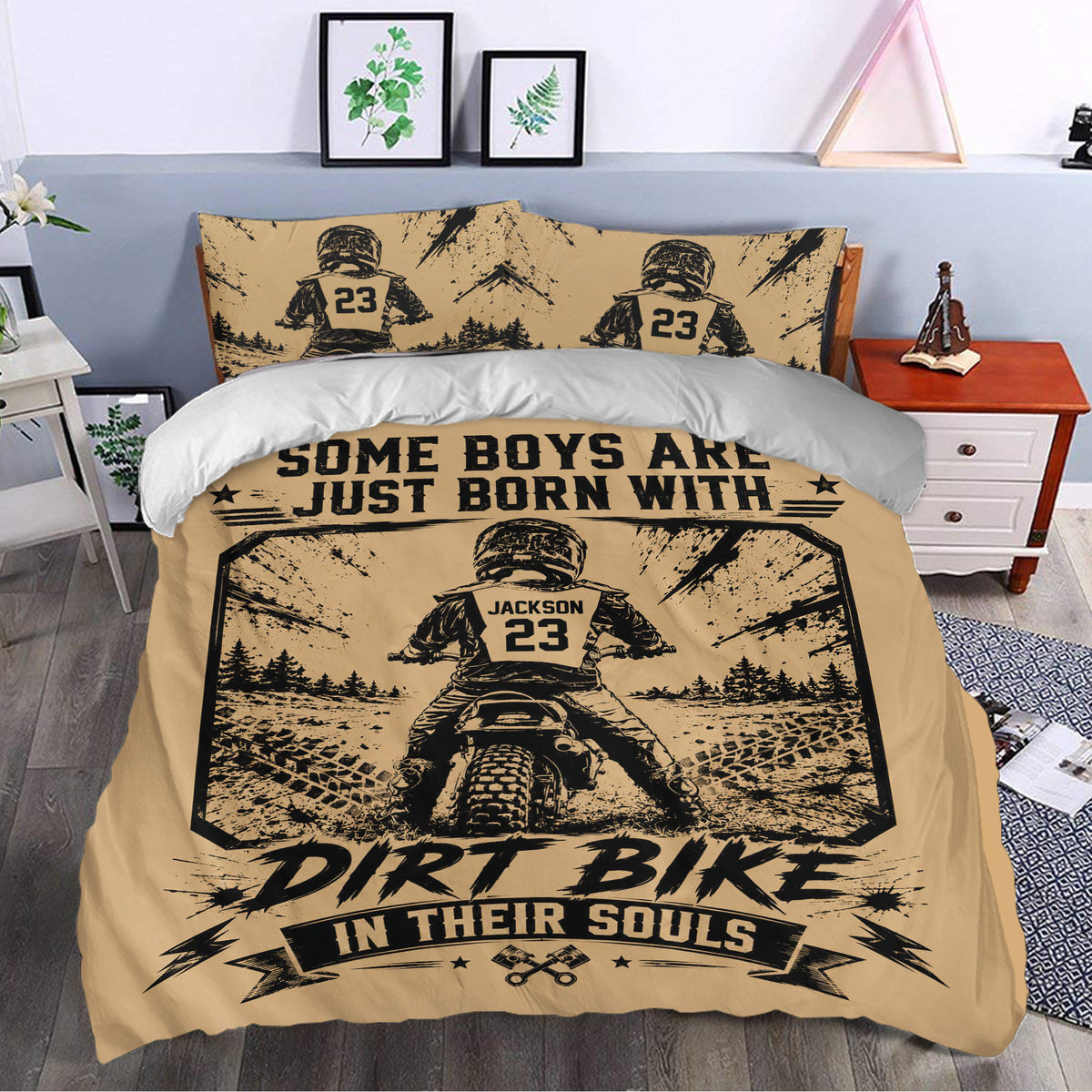 Motocross duvet cover styled in a bedroom with bold dirt bike artwork, tan tones, and black racing graphics
