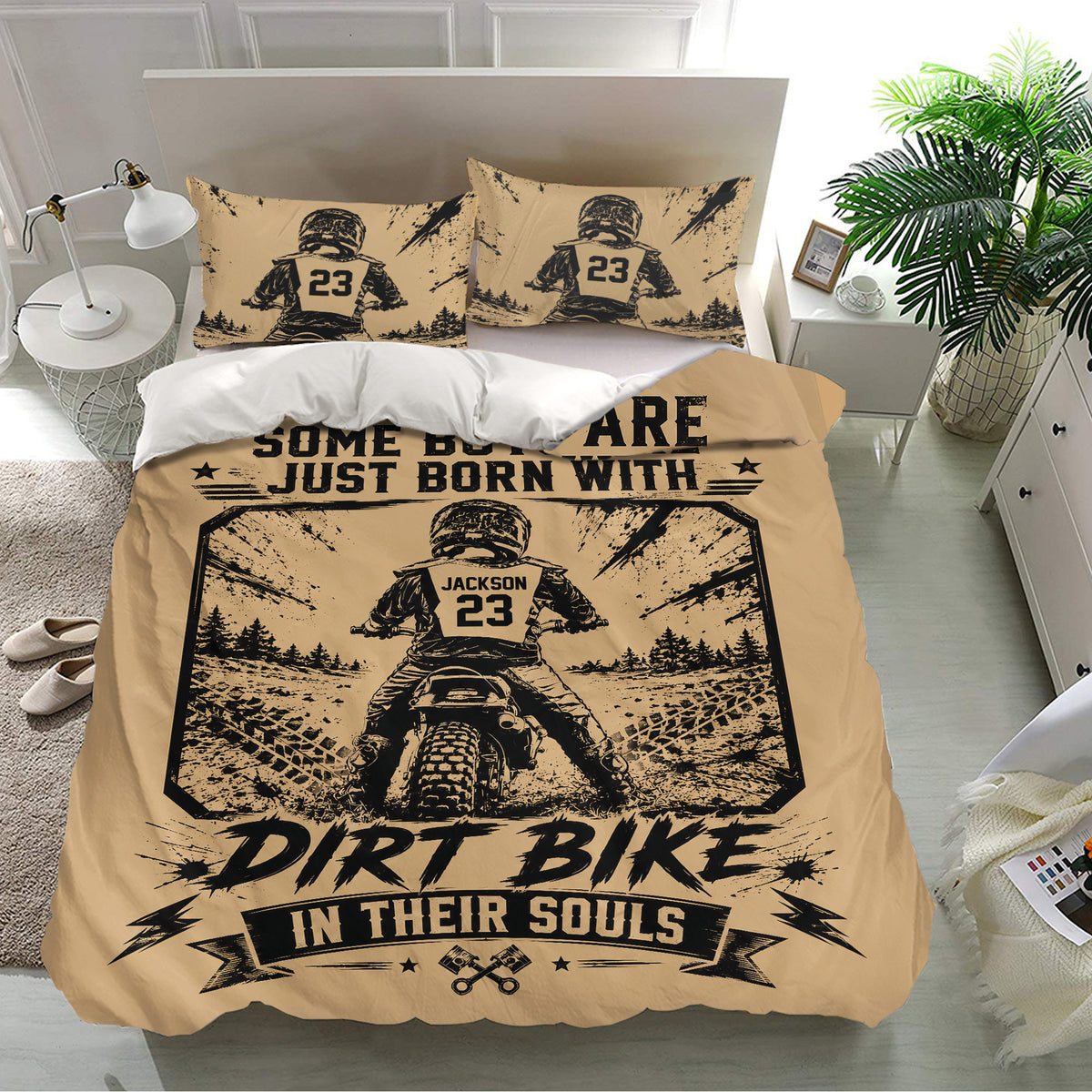 Tan motocross duvet cover set in a modern bedroom with dirt bike rider artwork and matching pillowcases