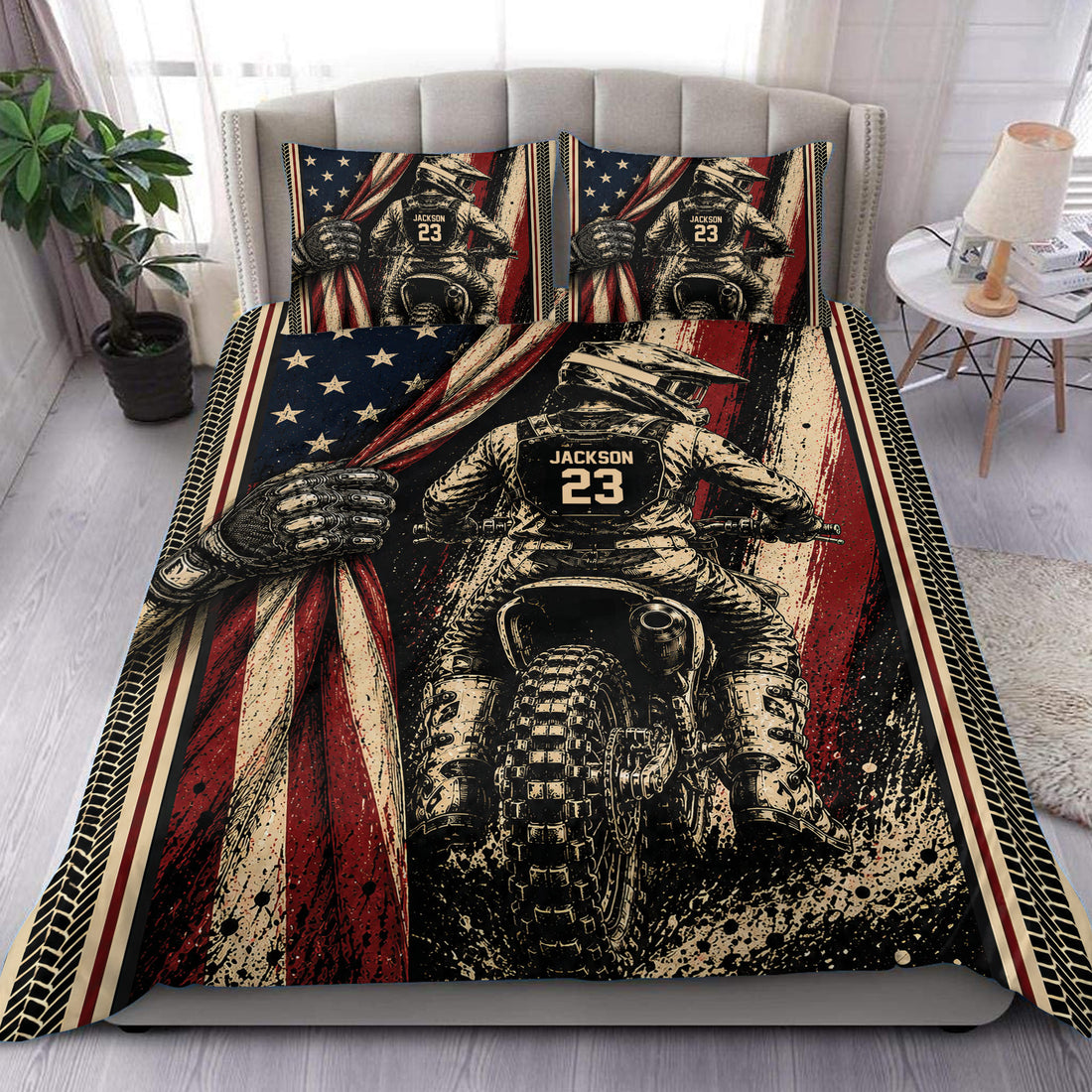 Custom motocross duvet cover bedding set featuring a dirt bike rider in bold red, navy, black, and cream