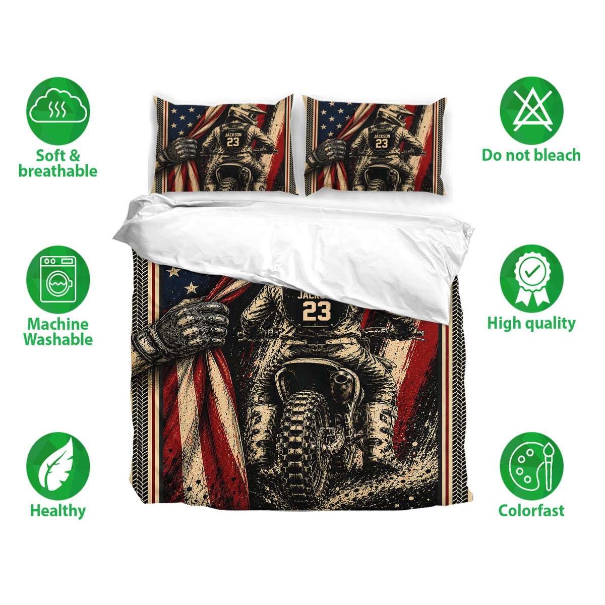 Motocross duvet cover bedding set displayed with matching pillowcases and soft breathable fabric icons