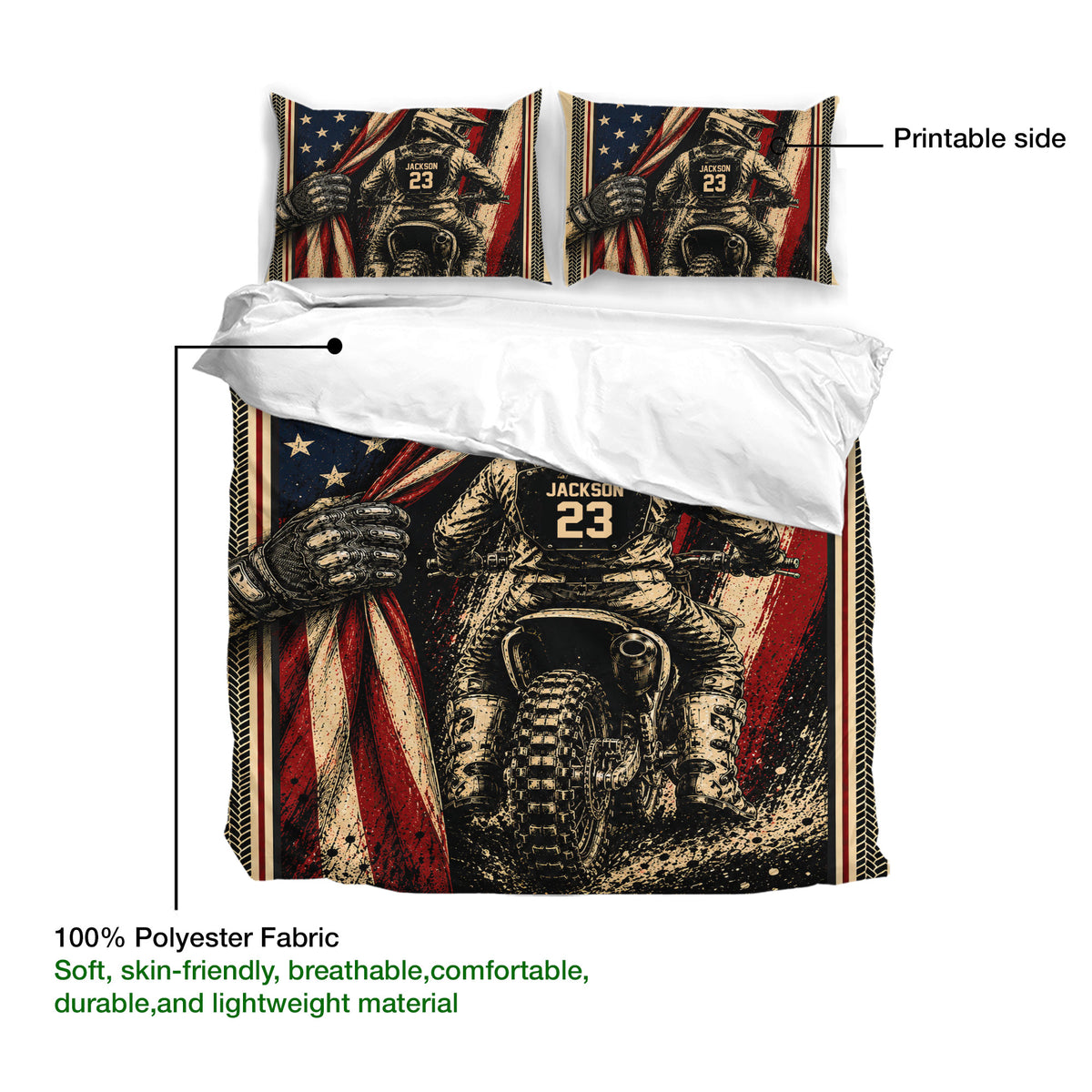 Motocross duvet cover bedding set shown with printable artwork and 100% polyester fabric details