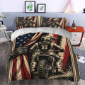 Motocross duvet cover styled in a bedroom with dramatic dirt bike artwork and patriotic-inspired colors