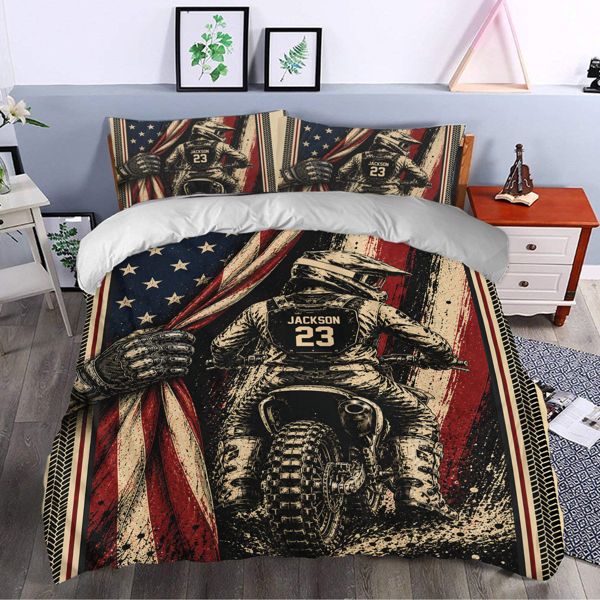 Motocross duvet cover styled in a bedroom with dramatic dirt bike artwork and patriotic-inspired colors
