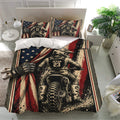 Motocross bedding set displayed on a modern bed with bold rider artwork and tire-track borders