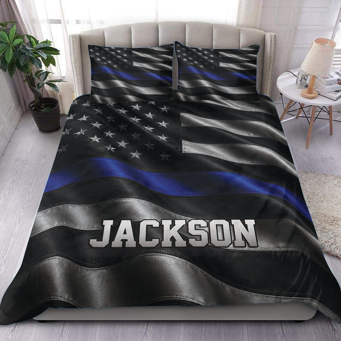 Police duvet cover set displayed on a bed with black and silver stripes, blue line, stars, and custom lettering