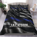 Police duvet cover set displayed on a bed with black and silver stripes, blue line, stars, and custom lettering