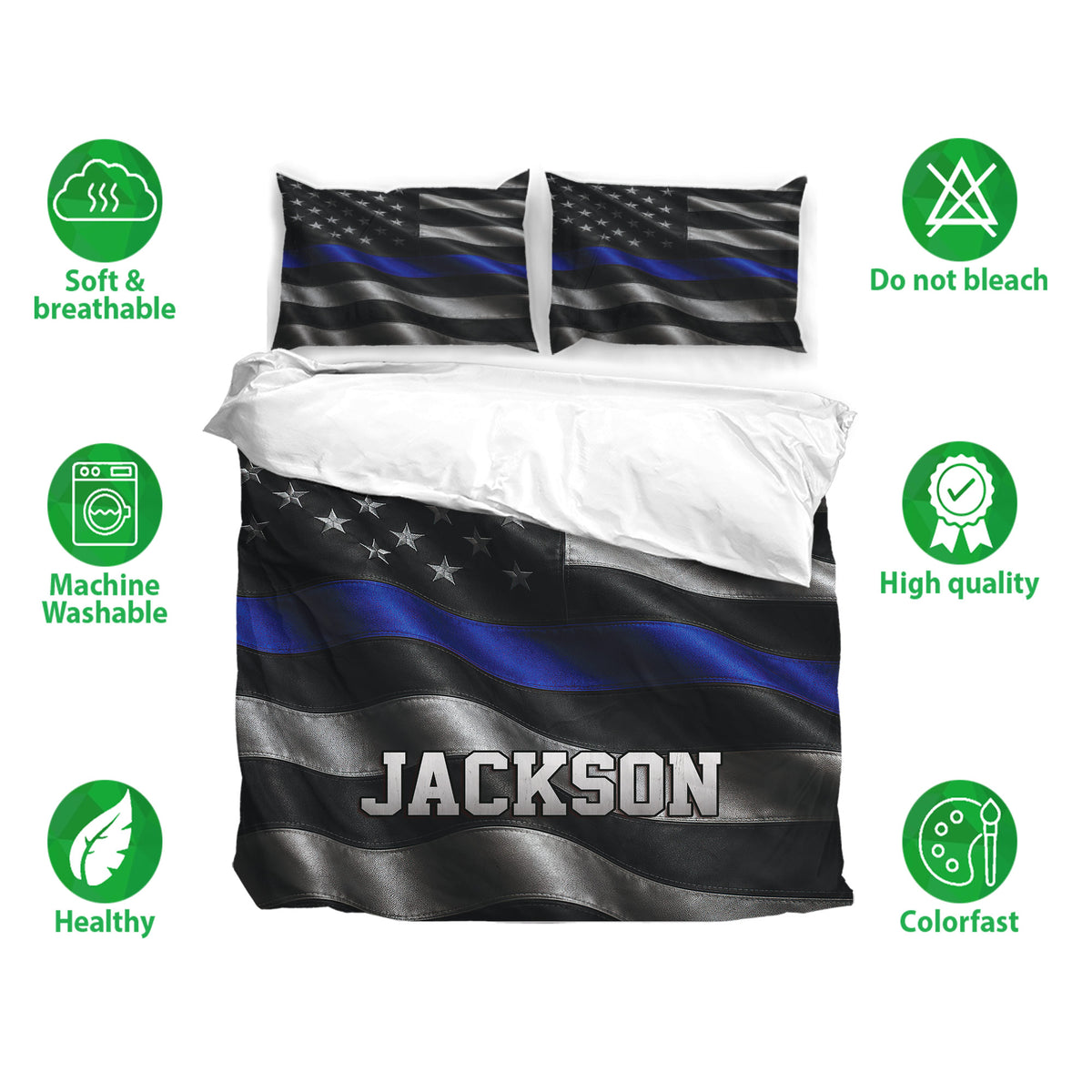 Police bedding set showing a thin blue line design with matching pillowcases and soft breathable fabric icons