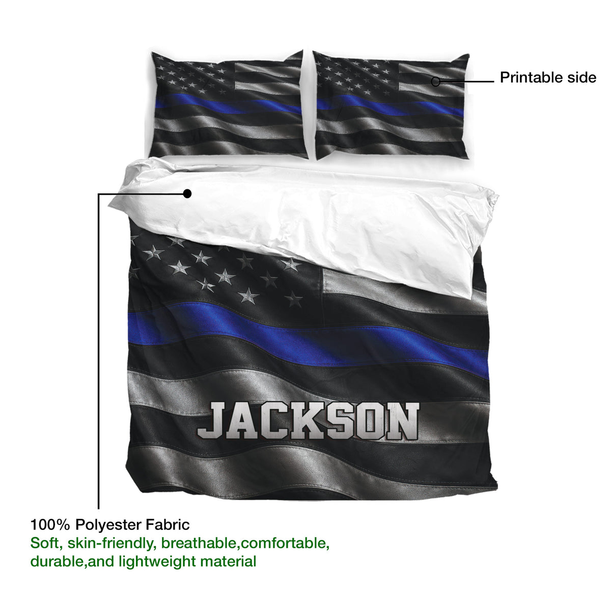 Police duvet cover bedding set with star details, thin blue line stripes, and a visible printable side