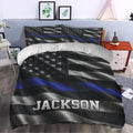 Police duvet cover set styled in a modern bedroom with black, silver, blue, and star flag artwork