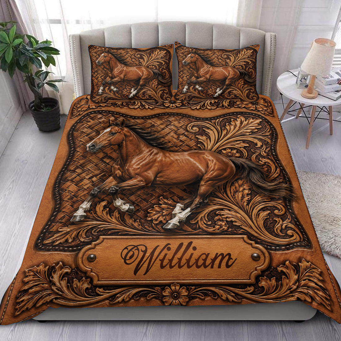 Horse duvet cover set displayed on a bed with ornate brown western artwork and matching pillowcases