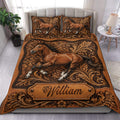 Horse duvet cover set displayed on a bed with ornate brown western artwork and matching pillowcases