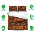 Horse bedding set shown with matching pillowcases, breathable fabric icons, and rich brown equestrian artwork