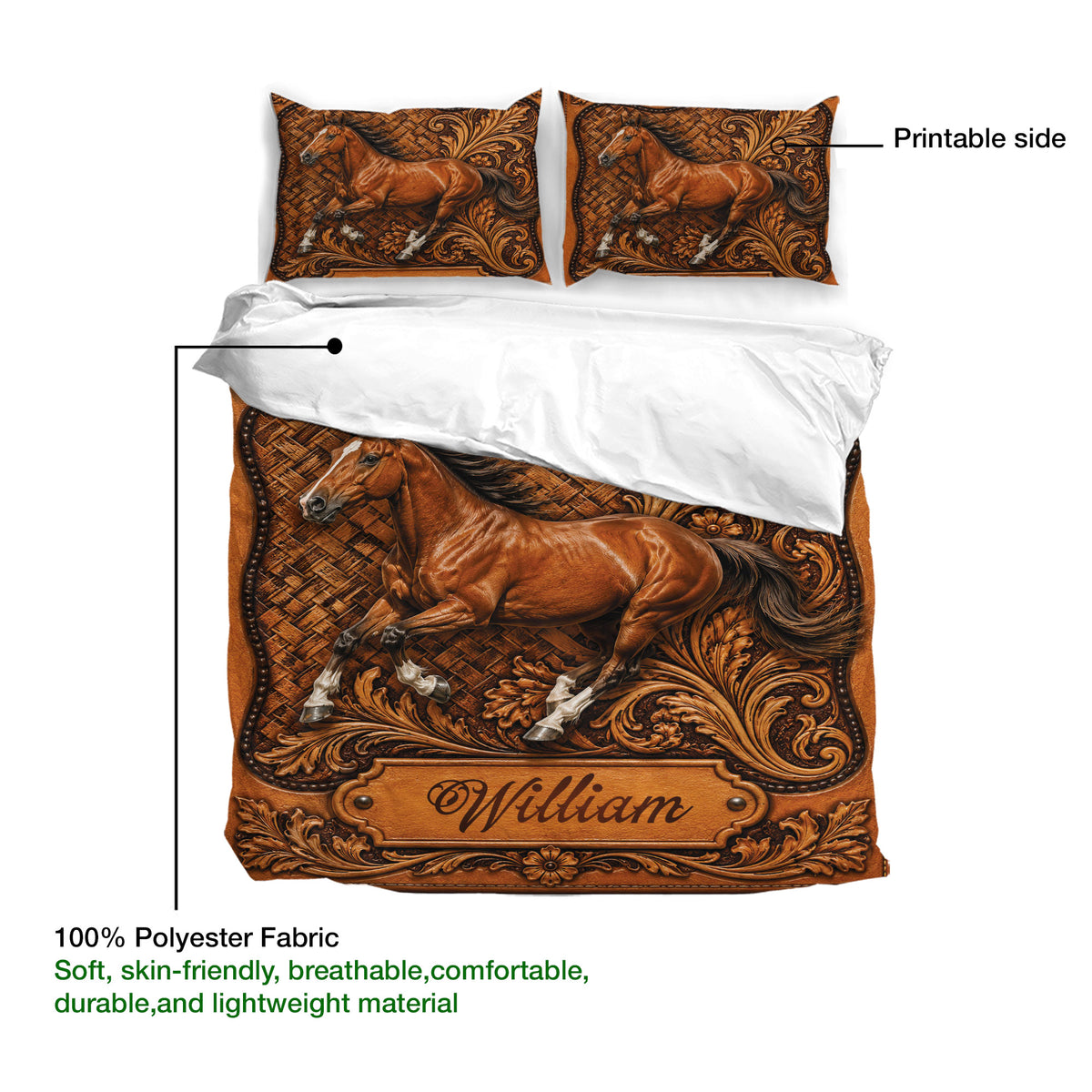 Horse duvet cover bedding set detail showing printed horse artwork and soft polyester fabric information
