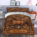 Horse duvet cover set styled in a bedroom with ornate brown horse artwork and matching pillows