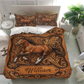 Rustic horse bedding set displayed in a bright bedroom with detailed brown equestrian artwork