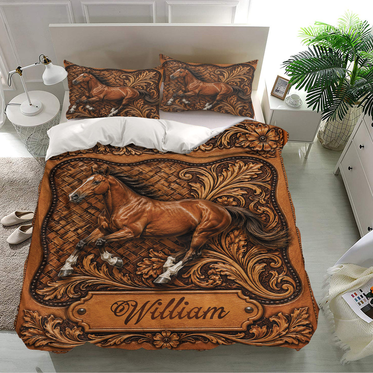 Rustic horse bedding set displayed in a bright bedroom with detailed brown equestrian artwork