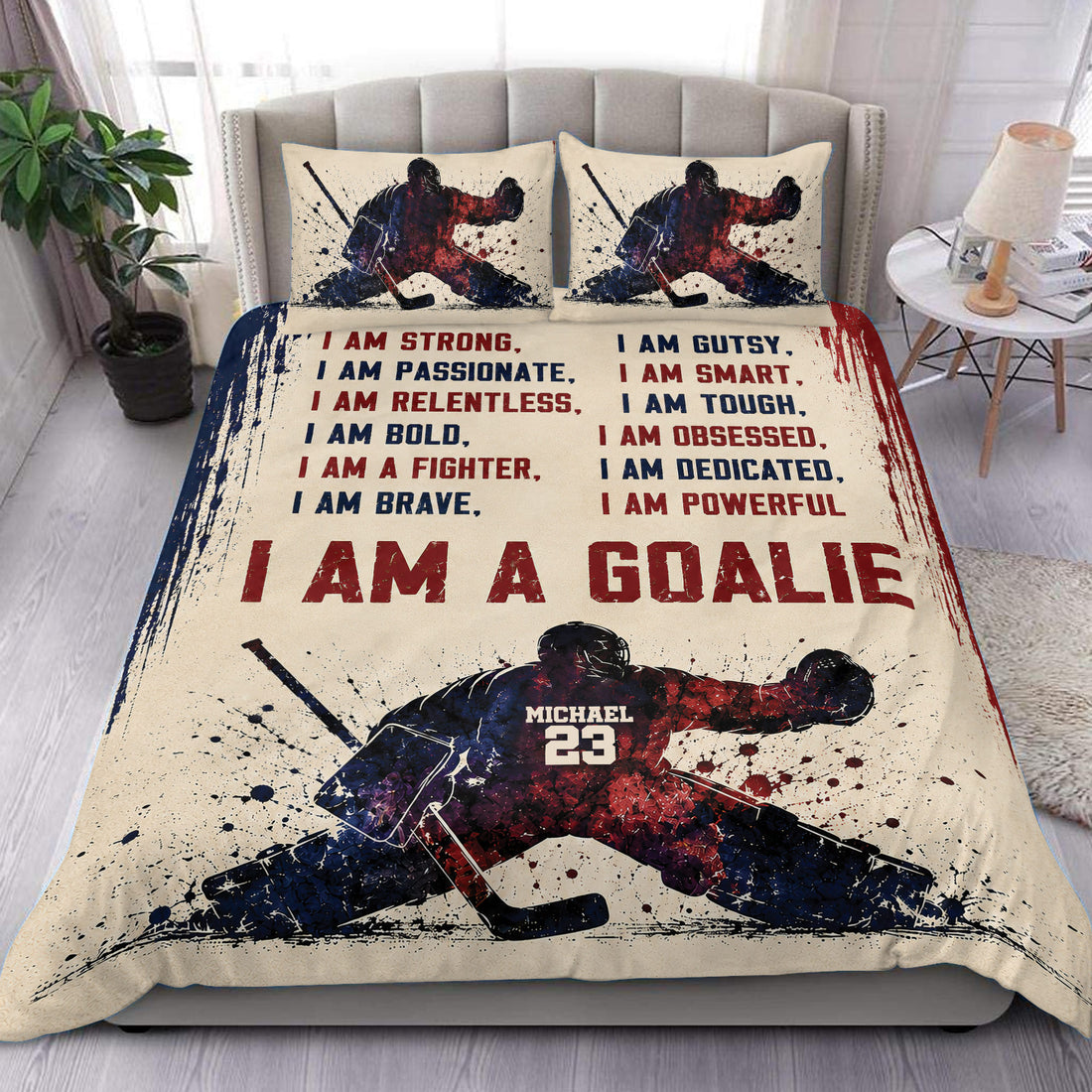 Hockey duvet cover set displayed on a bed with goalie artwork, bold red and navy accents, and motivational text