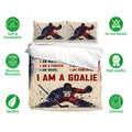 Hockey bedding set shown with matching pillowcases, goalie artwork, and soft breathable fabric feature icons