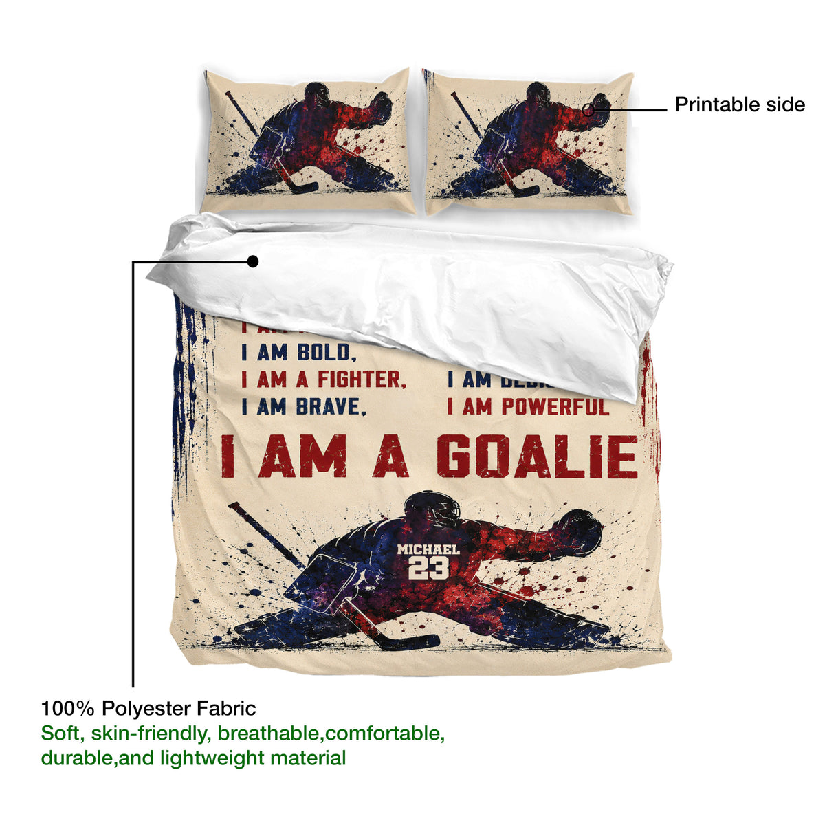 Hockey duvet cover and pillowcases shown with printable artwork and soft 100% polyester fabric details