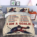 Hockey duvet cover set styled in a bedroom with goalie artwork, motivational text, and red navy sports decor
