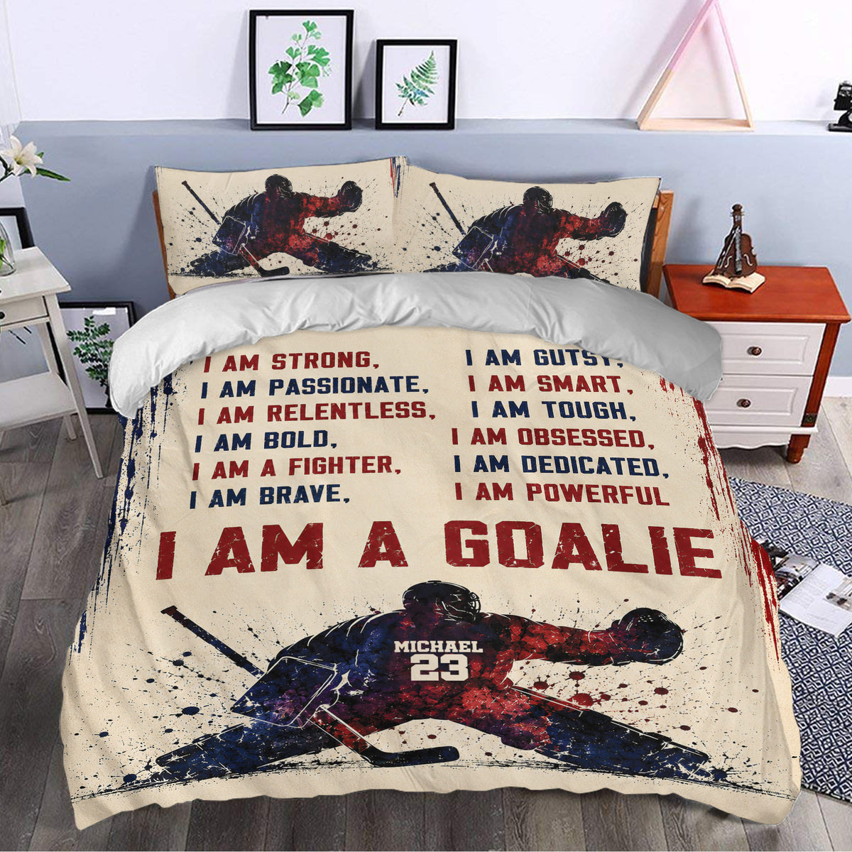 Hockey duvet cover set styled in a bedroom with goalie artwork, motivational text, and red navy sports decor