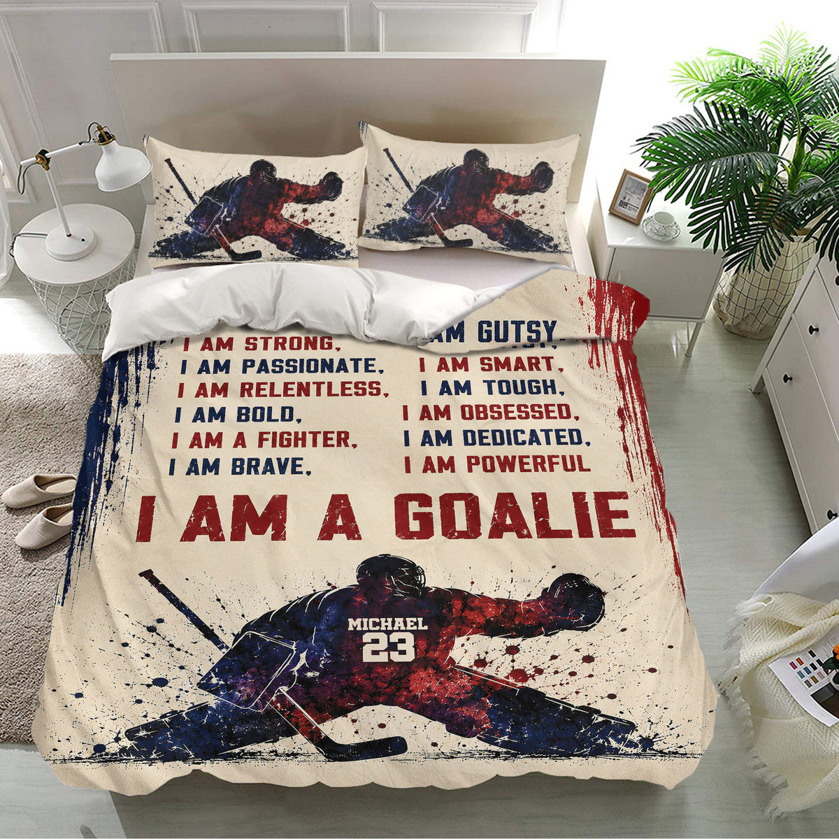 Hockey bedding set displayed in a bright bedroom with matching pillowcases and dynamic goalie artwork