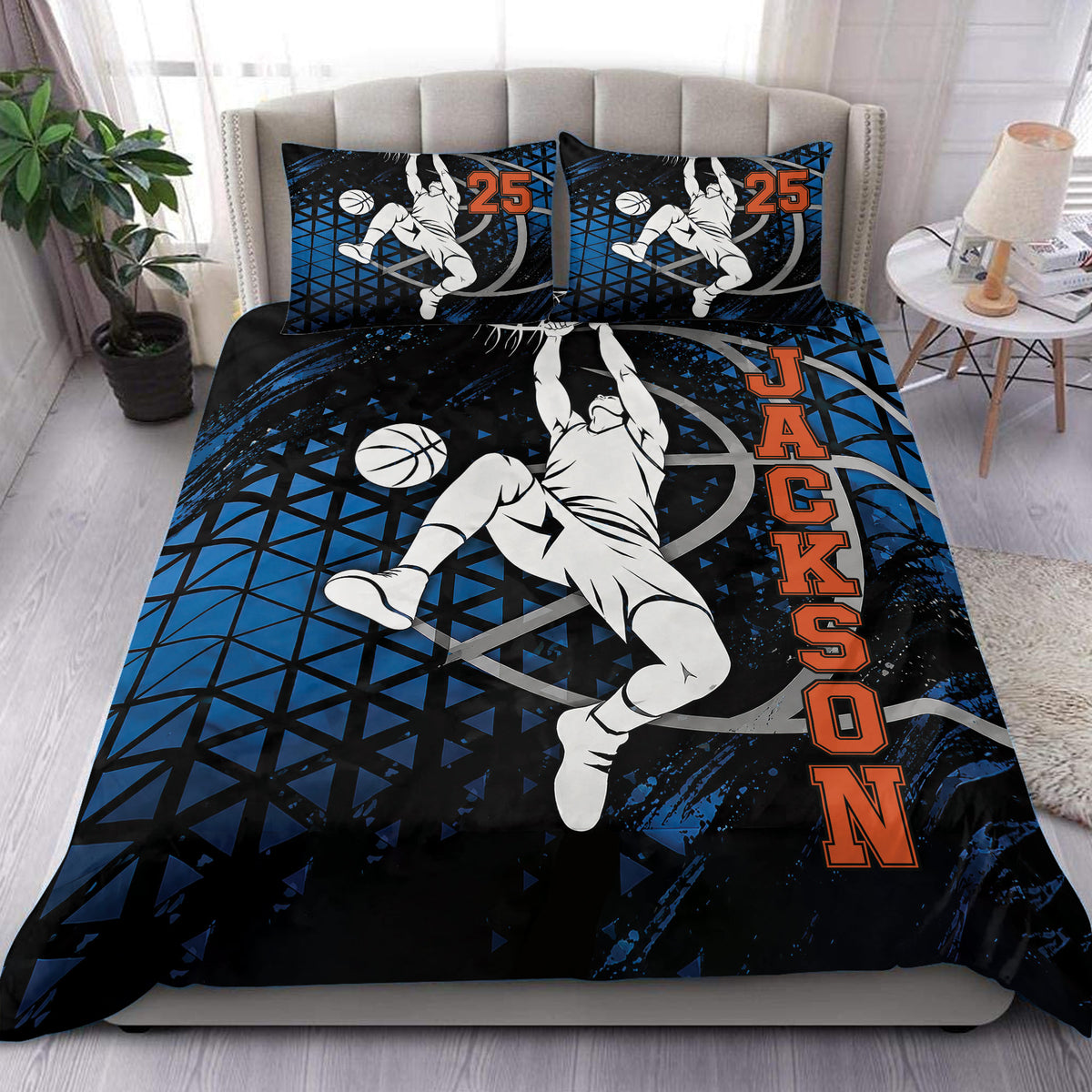 Basketball duvet cover set displayed on a bed with a dynamic dunking player, black, blue and orange design