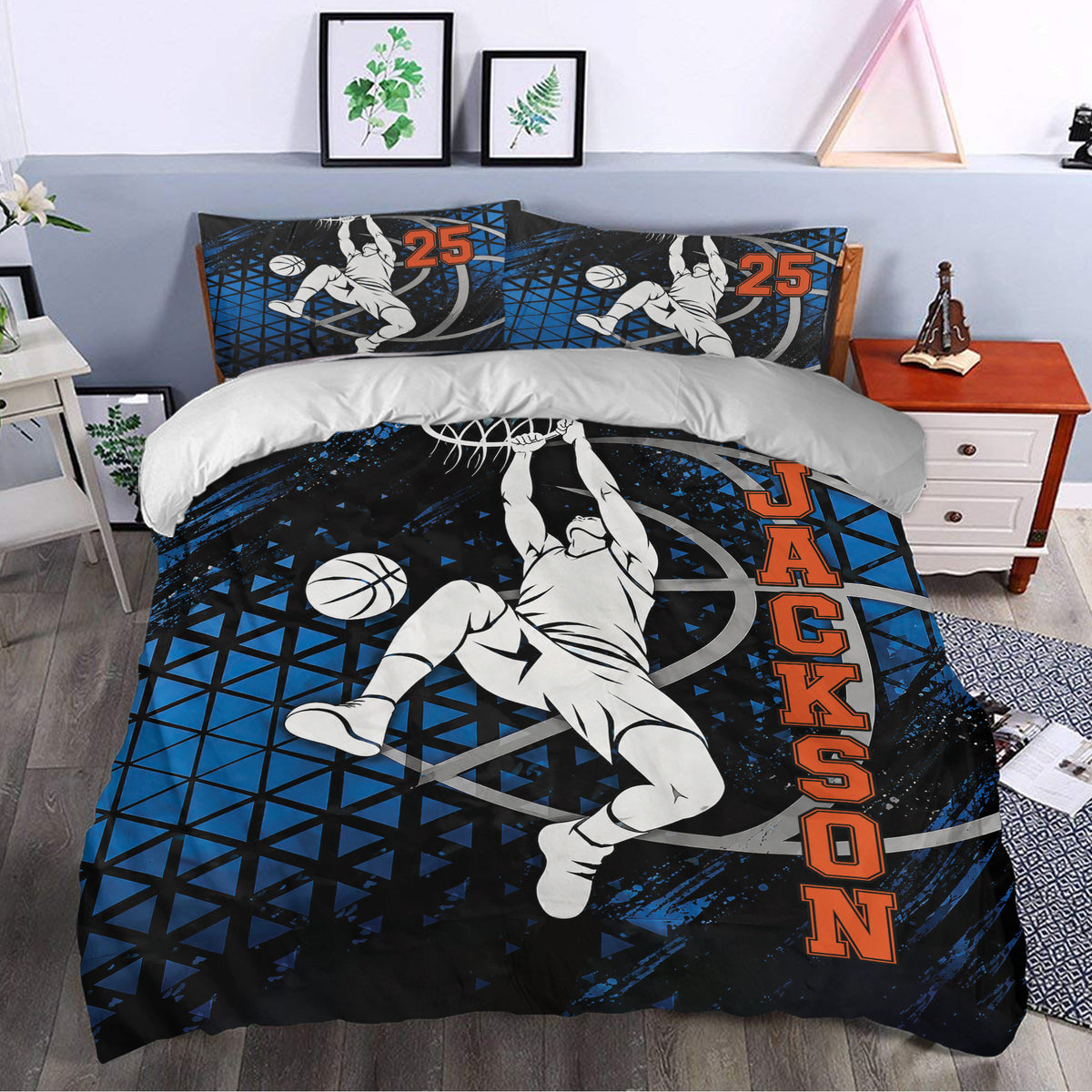 Basketball duvet cover styled in a bedroom with a bold dunking player, geometric accents and orange lettering