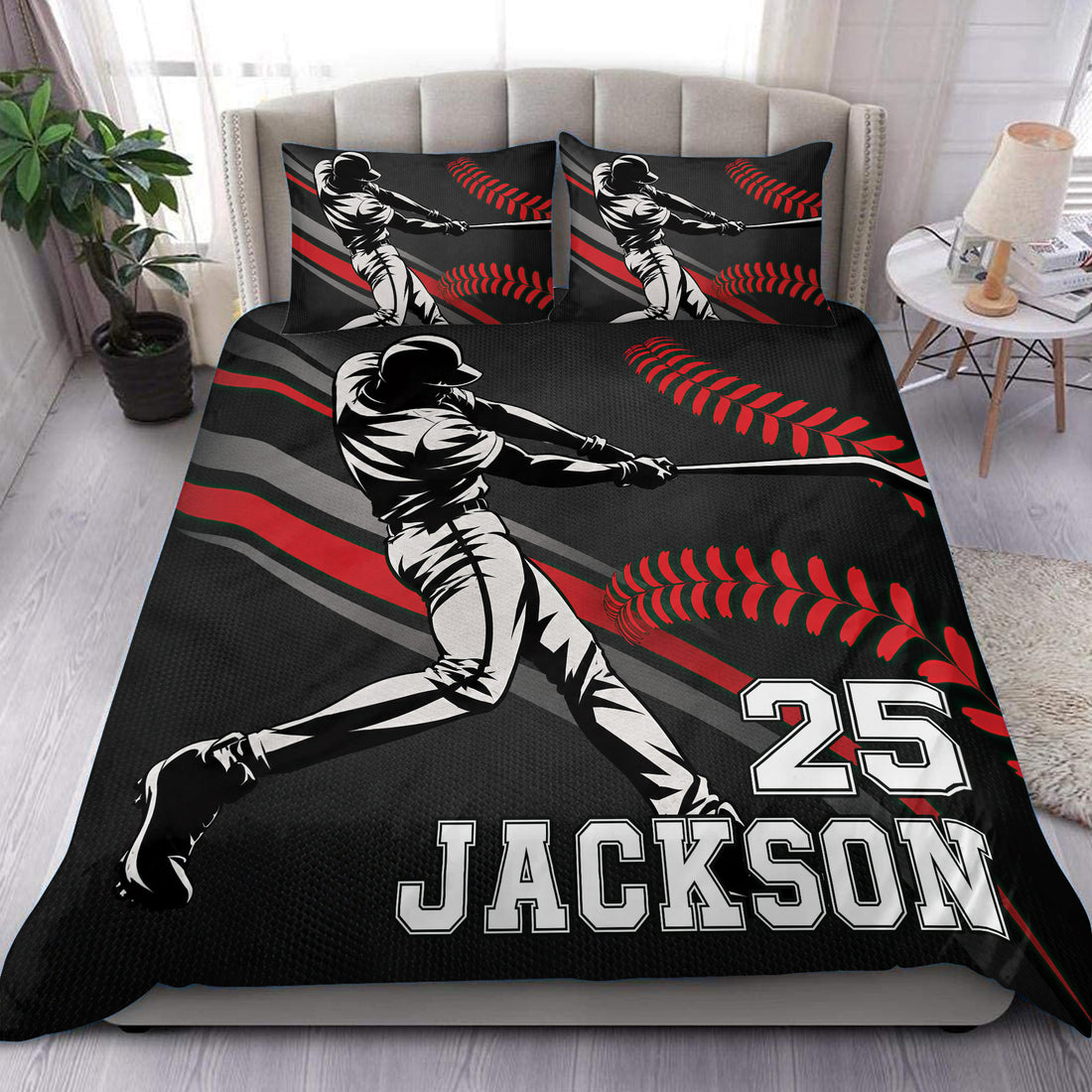Black baseball duvet cover set with batter artwork, red stitching accents, and bold bedroom styling