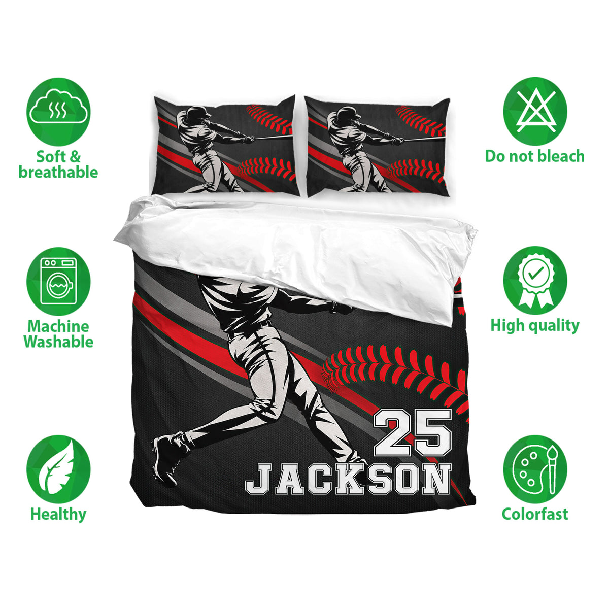 Baseball duvet cover bedding set displayed with matching pillowcases and soft breathable fabric icons