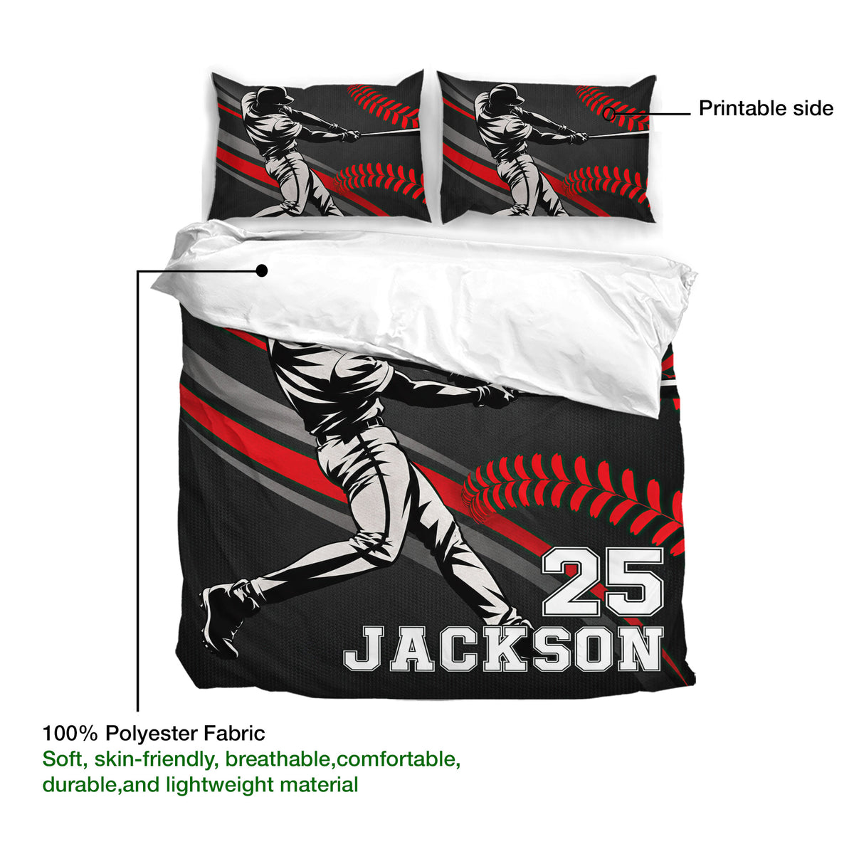 Baseball duvet cover set showing printable artwork on 100% polyester fabric with a batter design