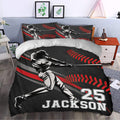 Baseball bedding set styled in a bedroom with black, white, gray, and red sports artwork