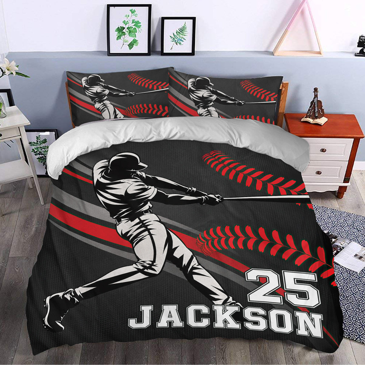 Baseball bedding set styled in a bedroom with black, white, gray, and red sports artwork