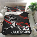 Black and red baseball duvet cover bedding set presented on a modern bedroom with matching pillows