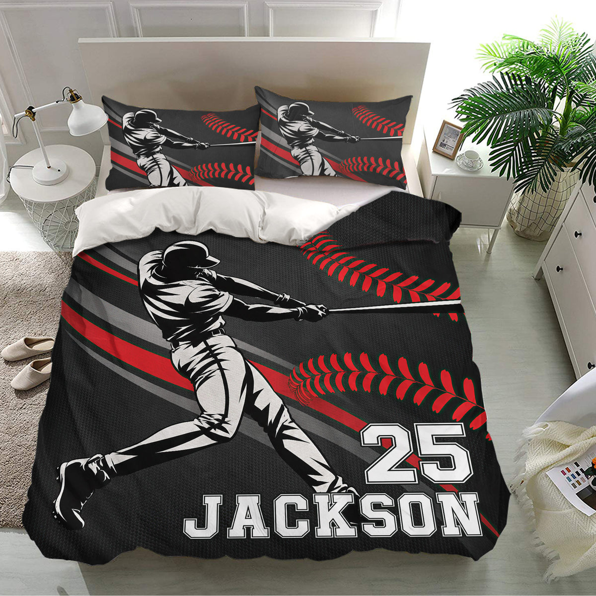 Black and red baseball duvet cover bedding set presented on a modern bedroom with matching pillows