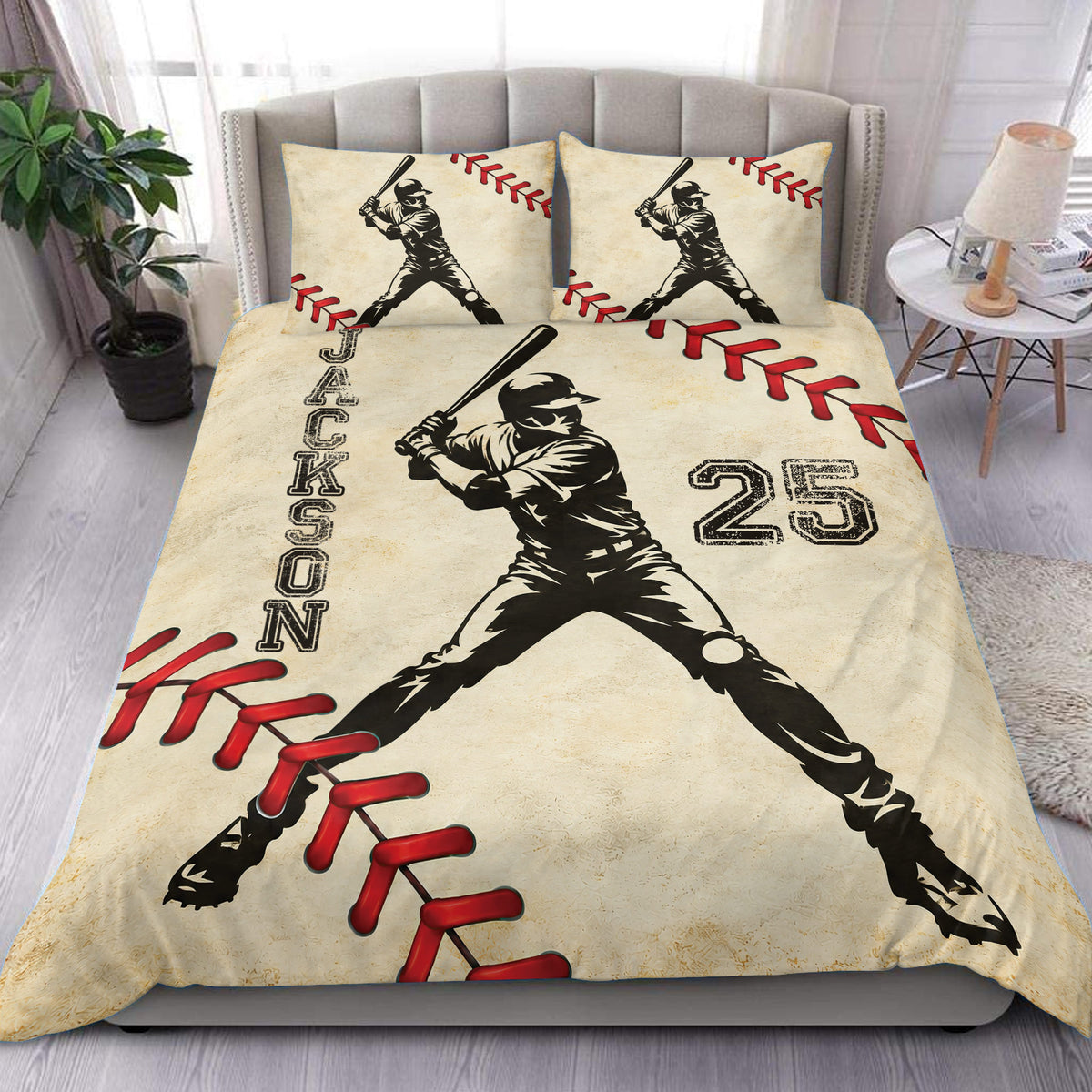 Baseball duvet cover set displayed on a bed with vintage batter artwork and red stitching accents