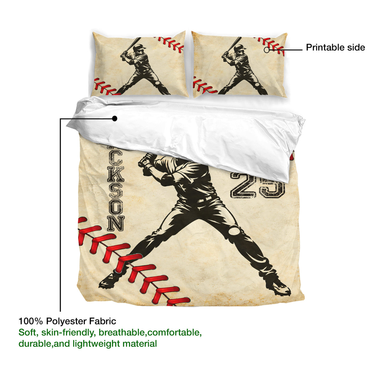 Baseball duvet cover set with printable vintage artwork, breathable fabric, and matching pillowcases