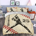 Baseball bedding styled in a bedroom with a vintage batter, baseball stitching, and bold sports artwork