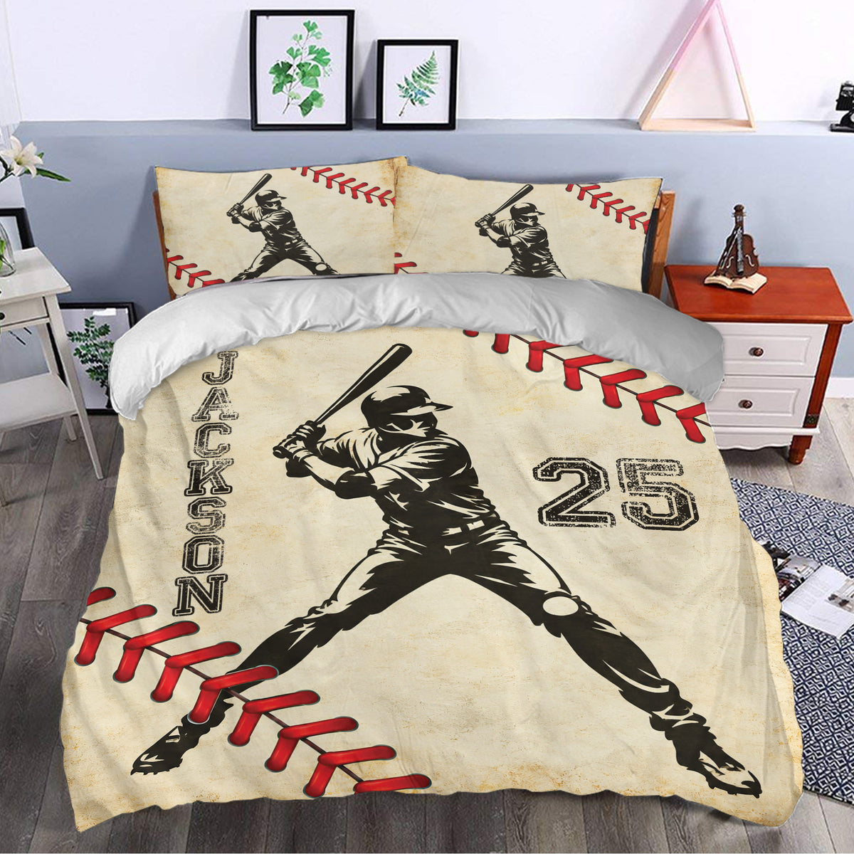 Baseball bedding styled in a bedroom with a vintage batter, baseball stitching, and bold sports artwork